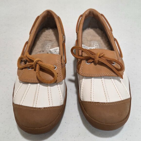 Ugg Duck Shoes Women's Size 6 Leather/Patent Leather Ashdale Tan Off White - Picture 3 of 12